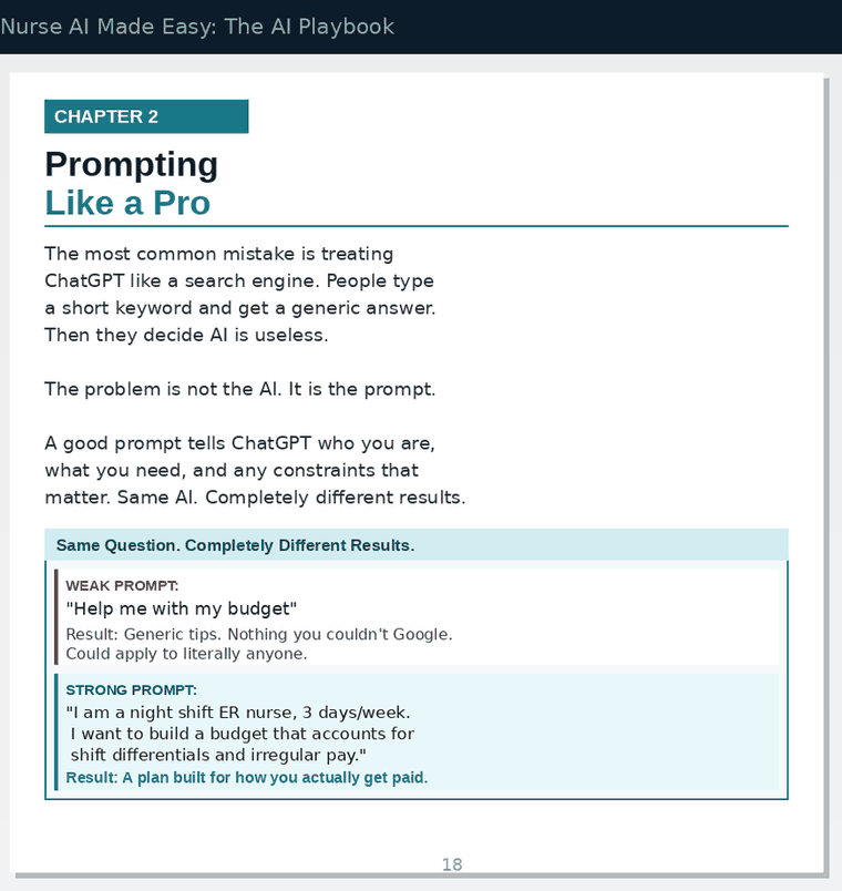 Page 18 of the Nurse AI Playbook, showing a weak prompt compared with a strong one